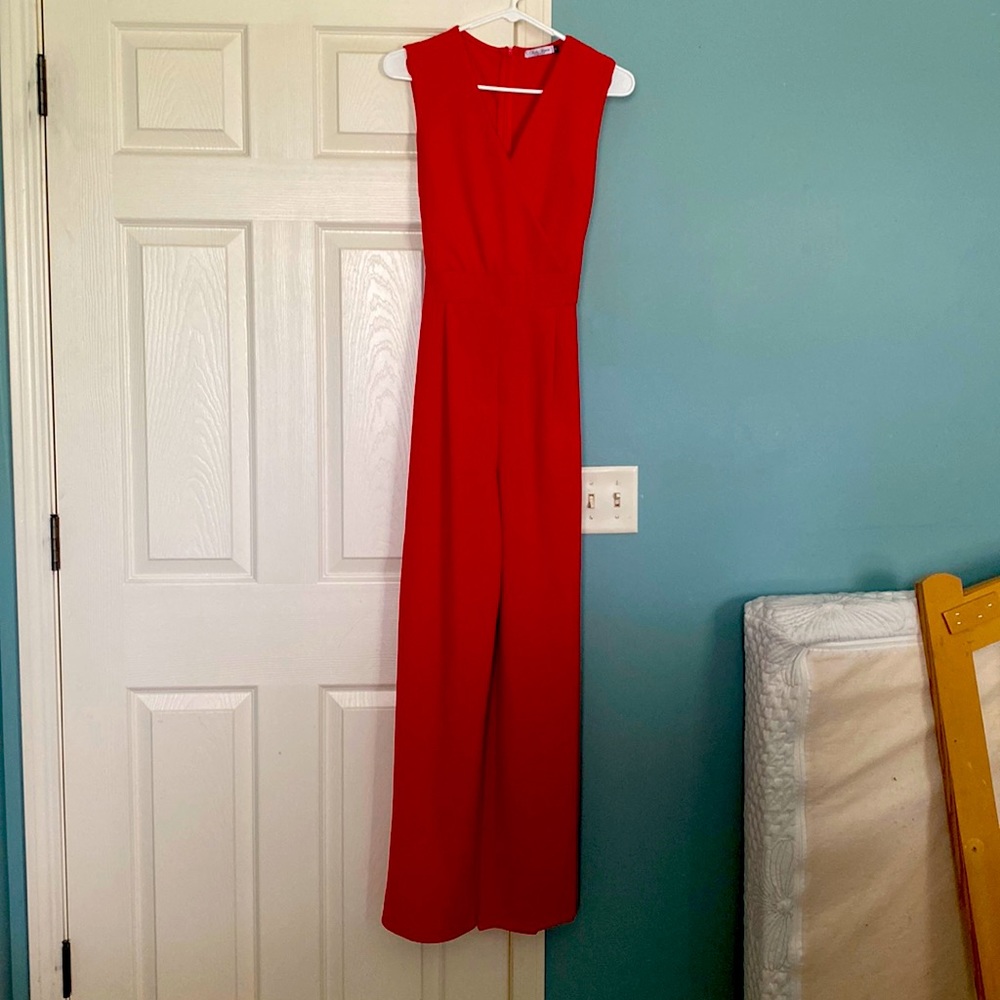 TJ Maxx medium, red jumpsuit. Long pants, no sleeves